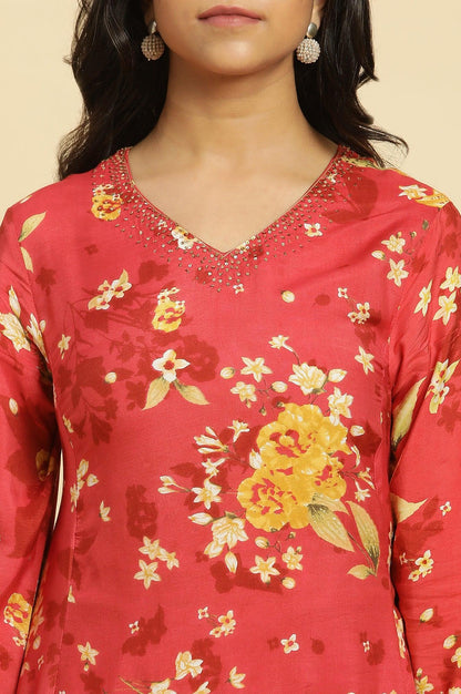 Red Floral Printed Flared Kurta - wforwoman