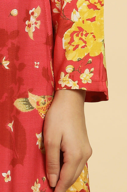 Red Floral Printed Flared Kurta - wforwoman