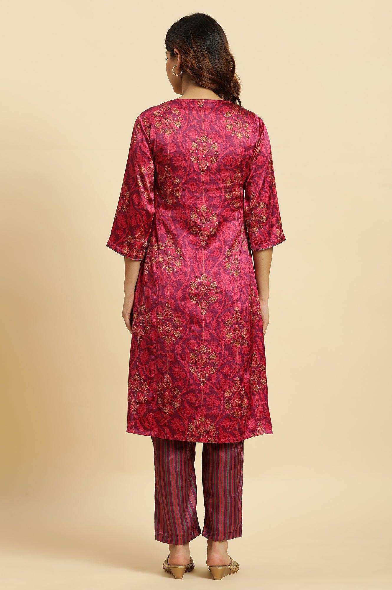 Purple Floral Printed Kurta In Japanese Satin - wforwoman