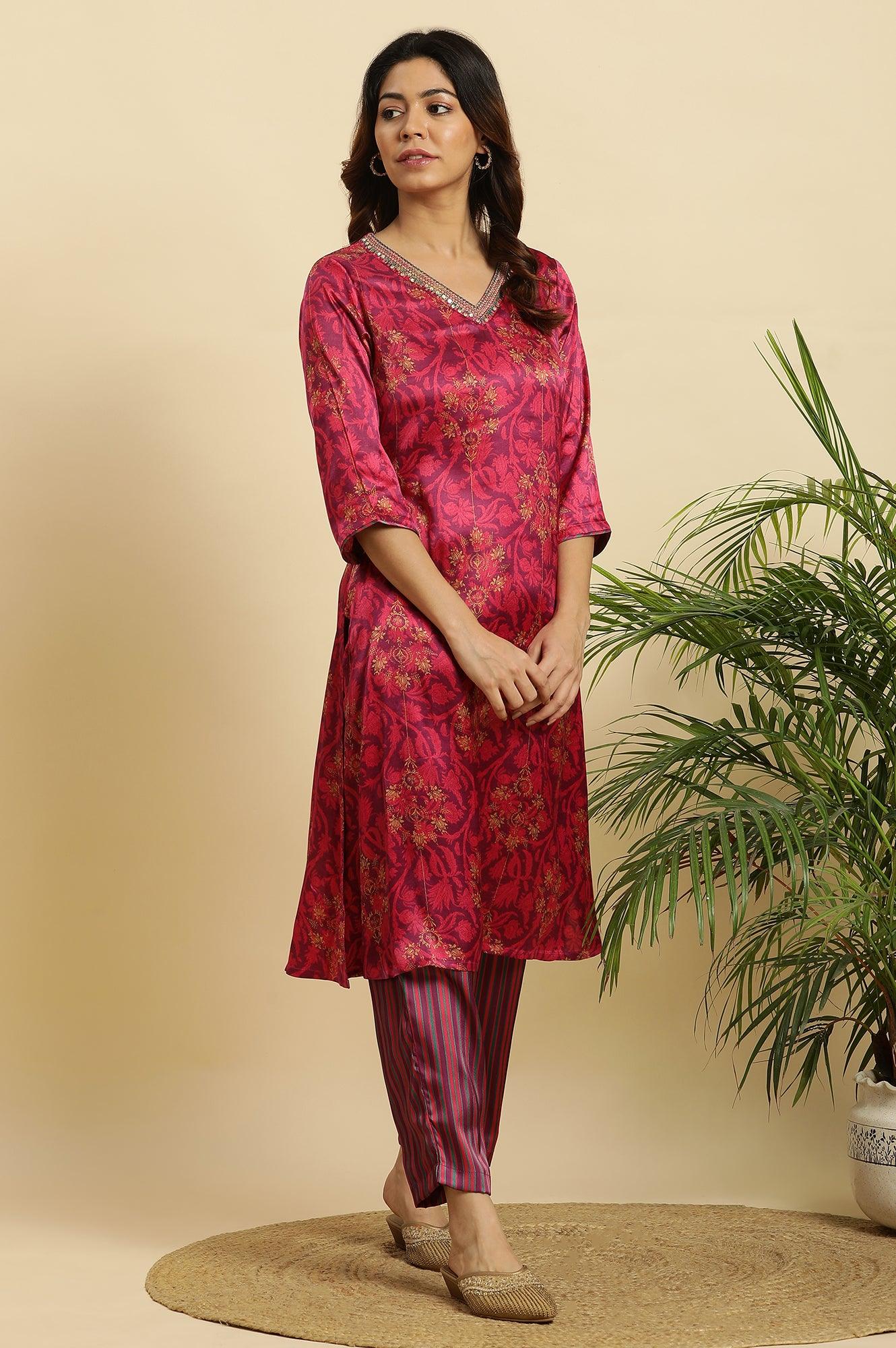 Purple Floral Printed Kurta In Japanese Satin - wforwoman