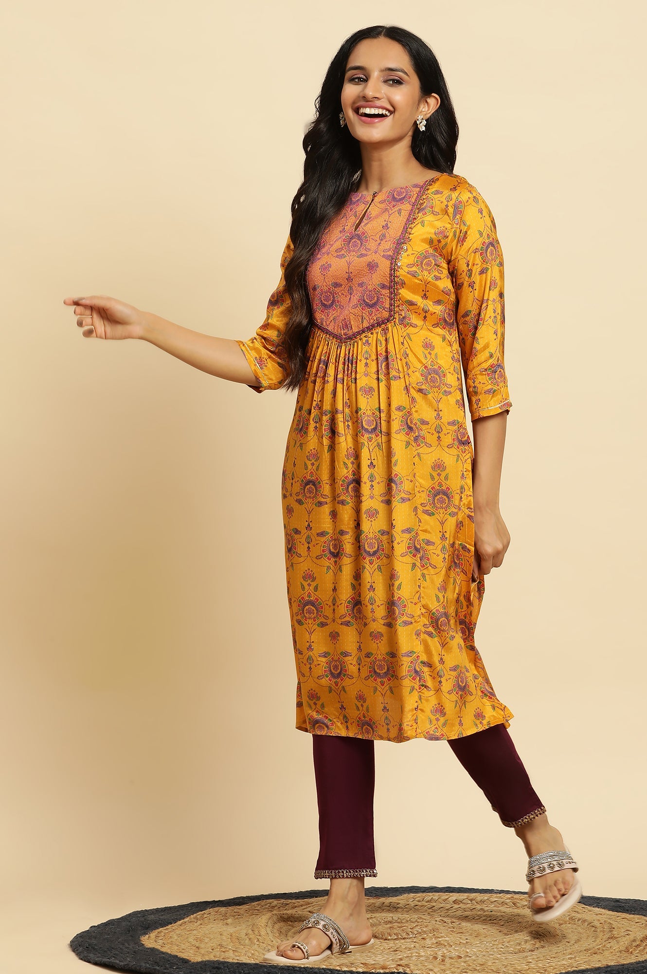 Yellow Floral Suzani Print Sequined Straight Shantung Kurta