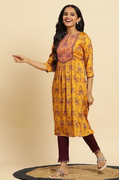 Yellow Floral Suzani Print Sequined Straight Shantung Kurta