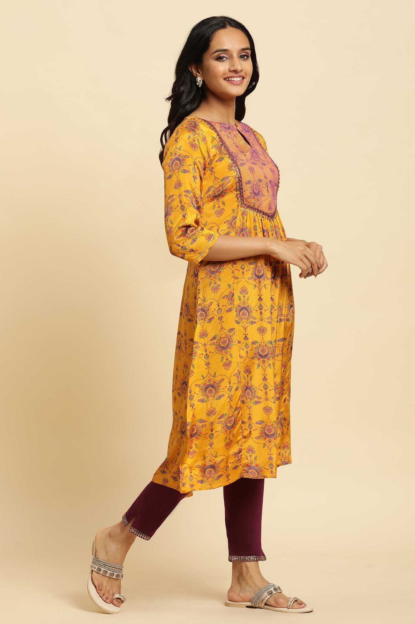 Yellow Floral Suzani Print Sequined Straight Shantung Kurta