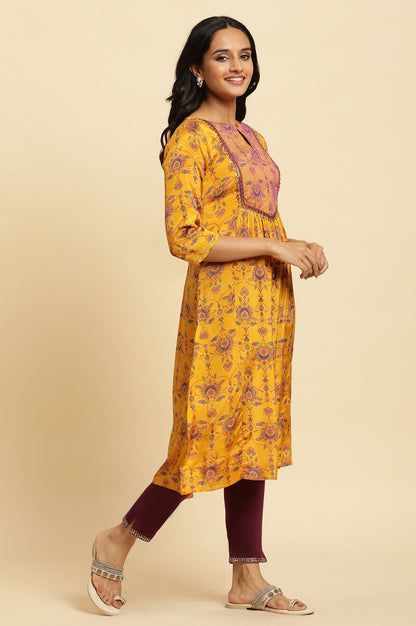 Yellow Floral Suzani Print Sequined Straight Shantung Kurta
