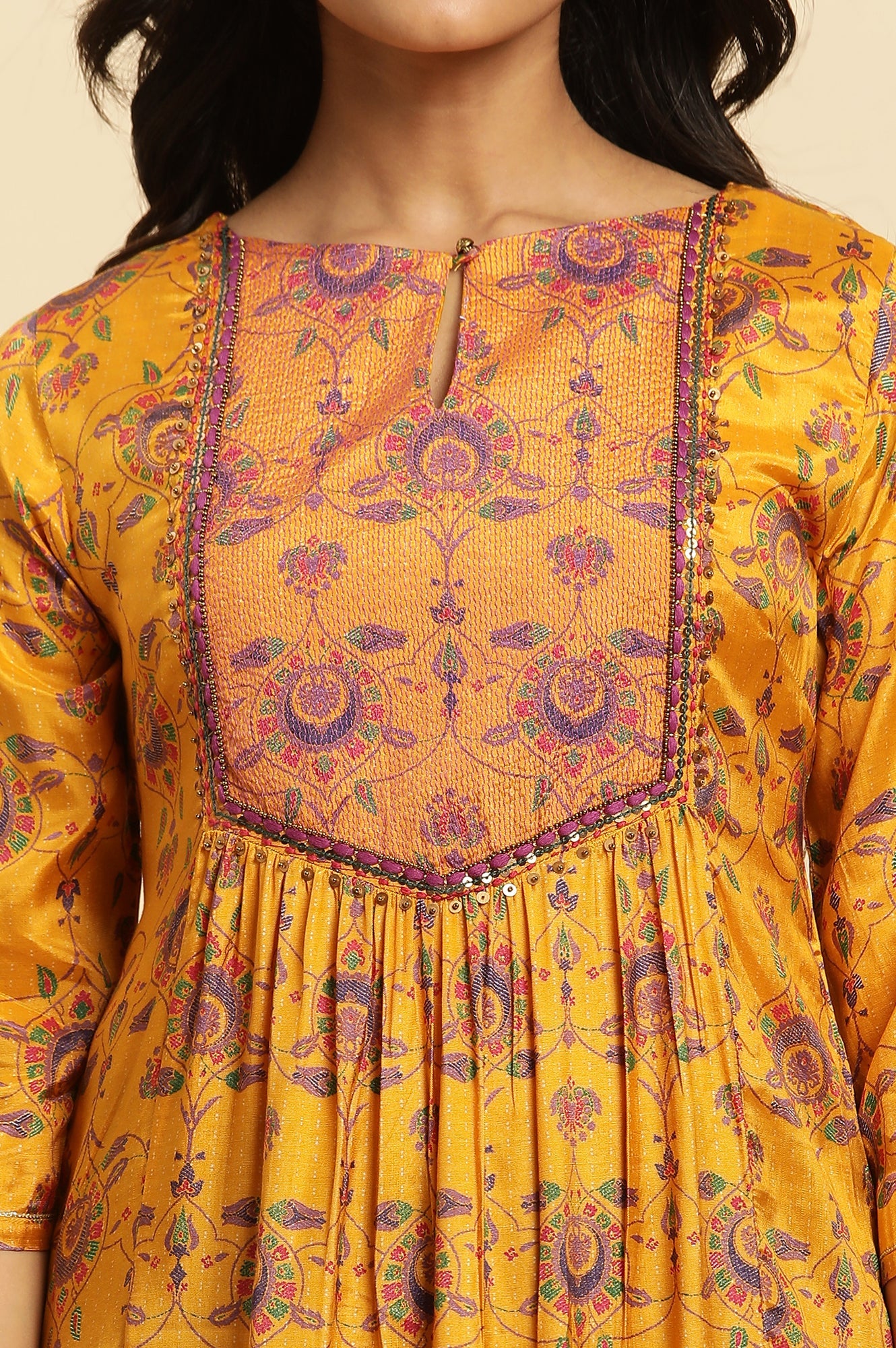Yellow Floral Suzani Print Sequined Straight Shantung Kurta