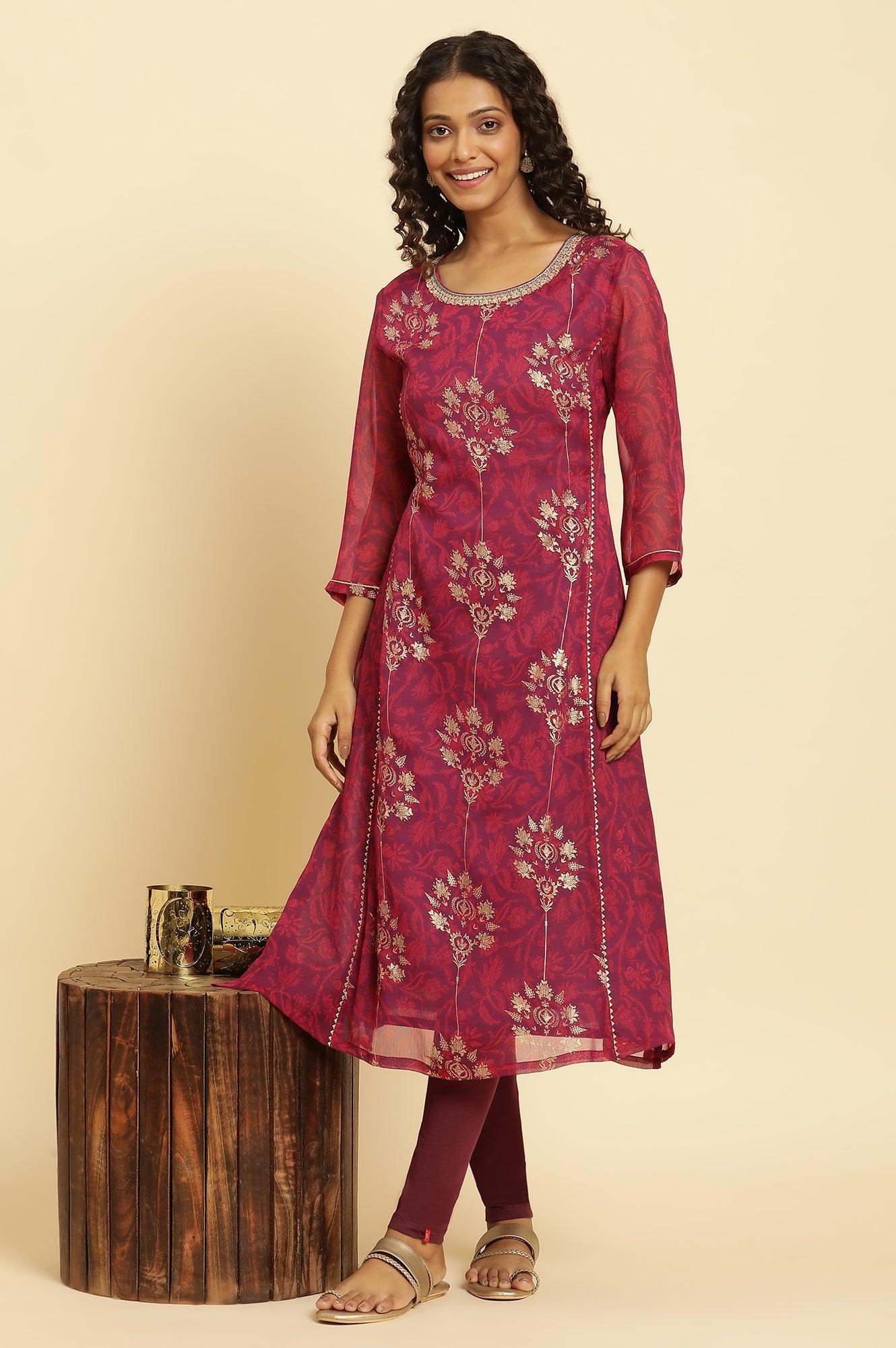 Purple Floral Printed Kurta With Zari Embroidery - wforwoman