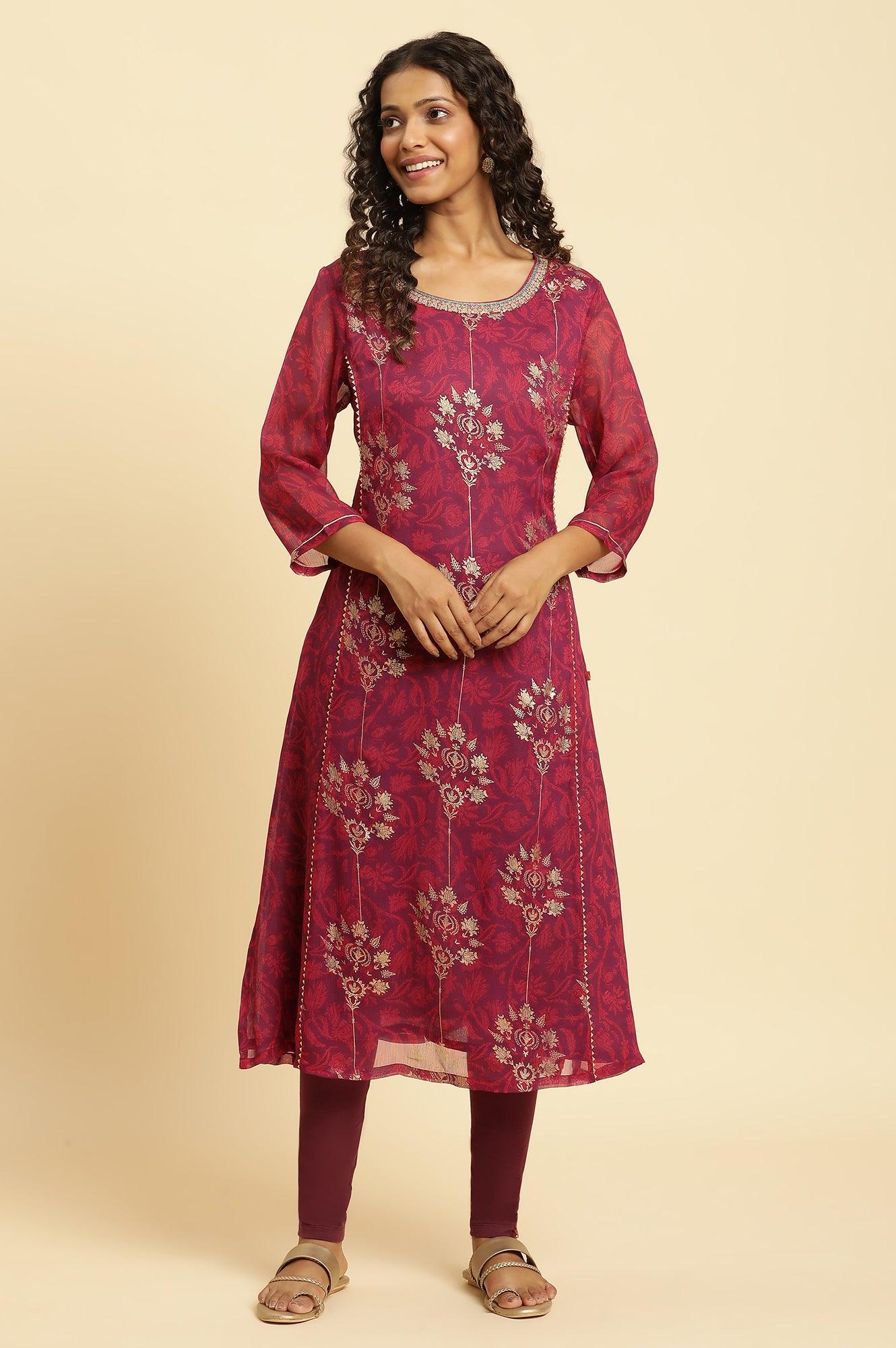 Purple Floral Printed Kurta With Zari Embroidery - wforwoman