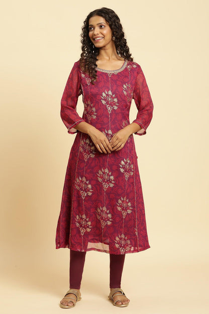 Purple Floral Printed Kurta With Zari Embroidery - wforwoman