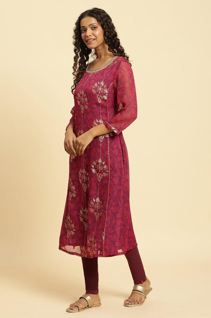 Purple Floral Printed Kurta With Zari Embroidery - wforwoman