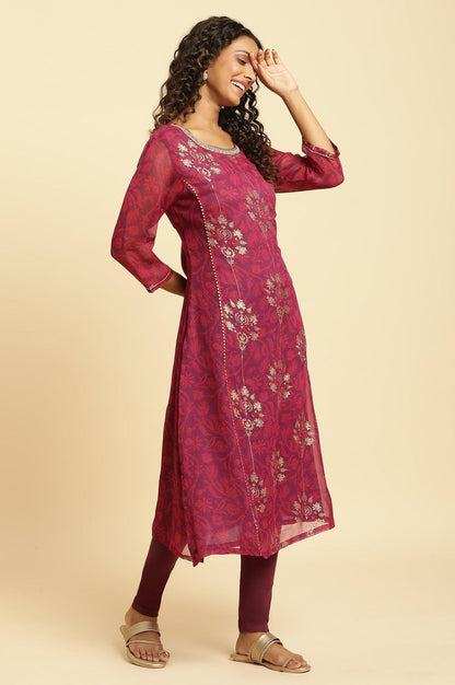 Purple Floral Printed Kurta With Zari Embroidery - wforwoman