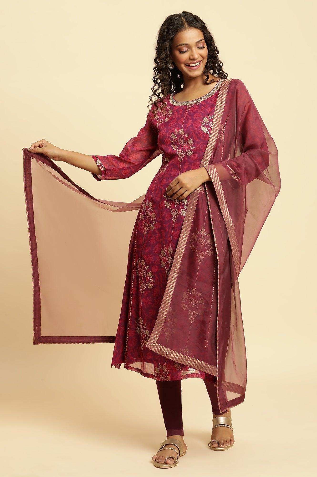 Purple Floral Printed Kurta With Zari Embroidery - wforwoman