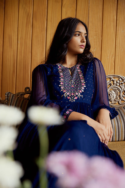 Navy Blue Chiffon Gathered Dress with Embroidered Yoke