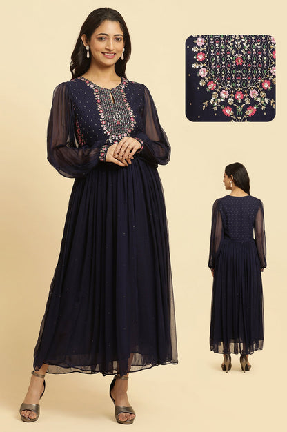 Navy Blue Solid Embroidered Yoke Chiffon Gathered Dress_1