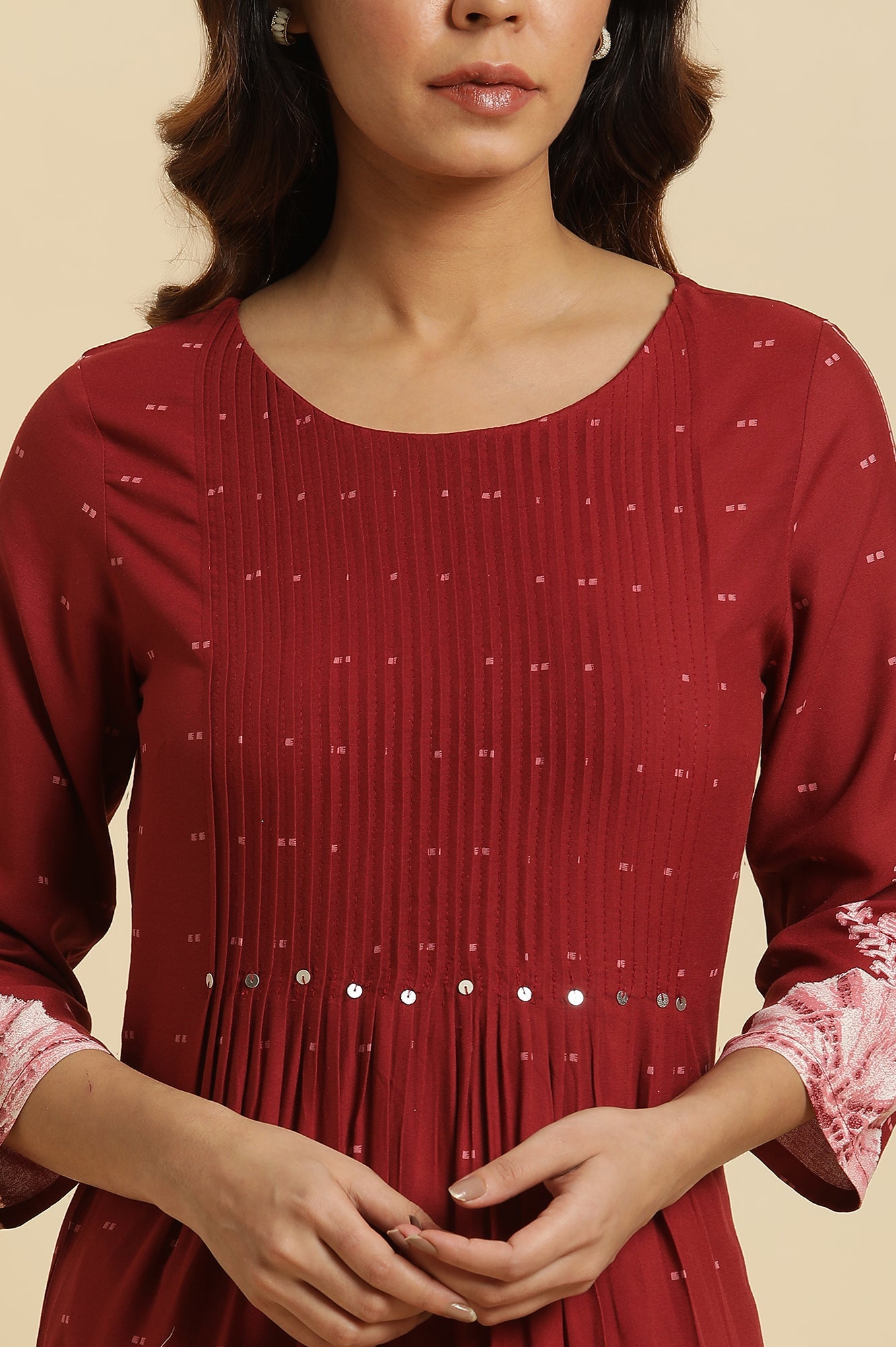 Maroon Geometric Printed Flared Kurta with Straight Pant Set