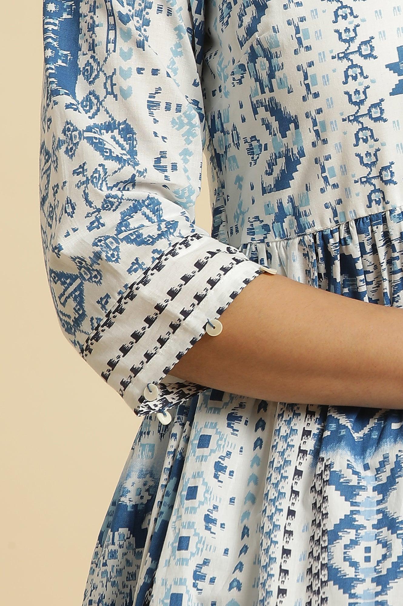 Ecru Flared Kurta With Blue Geometric Print - wforwoman