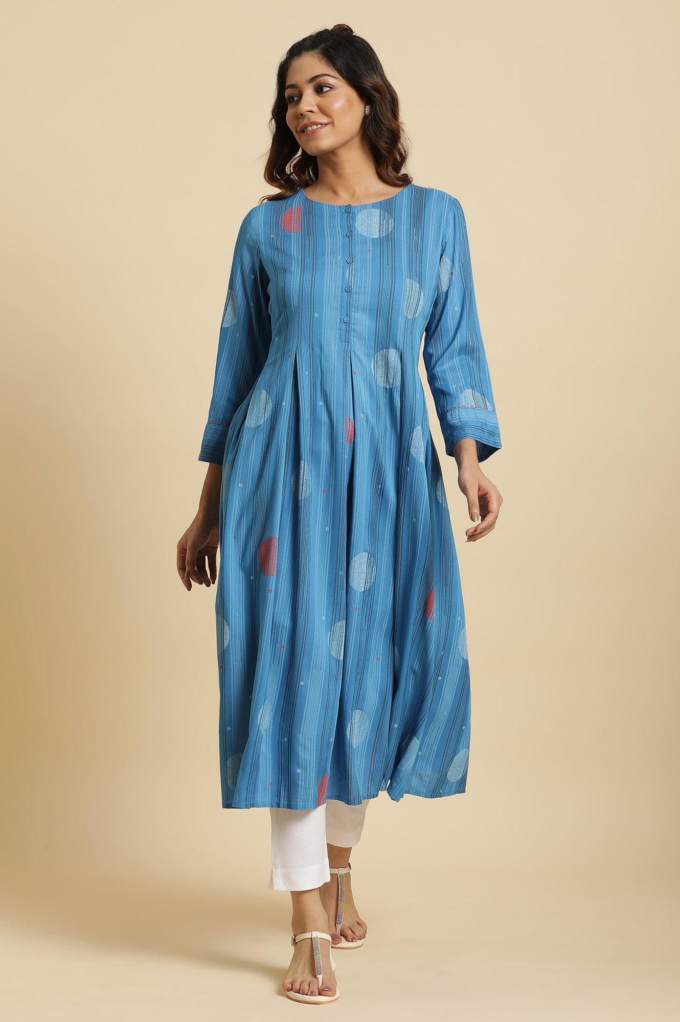 Blue Box Pleats Kurta With Kantha Details - wforwoman