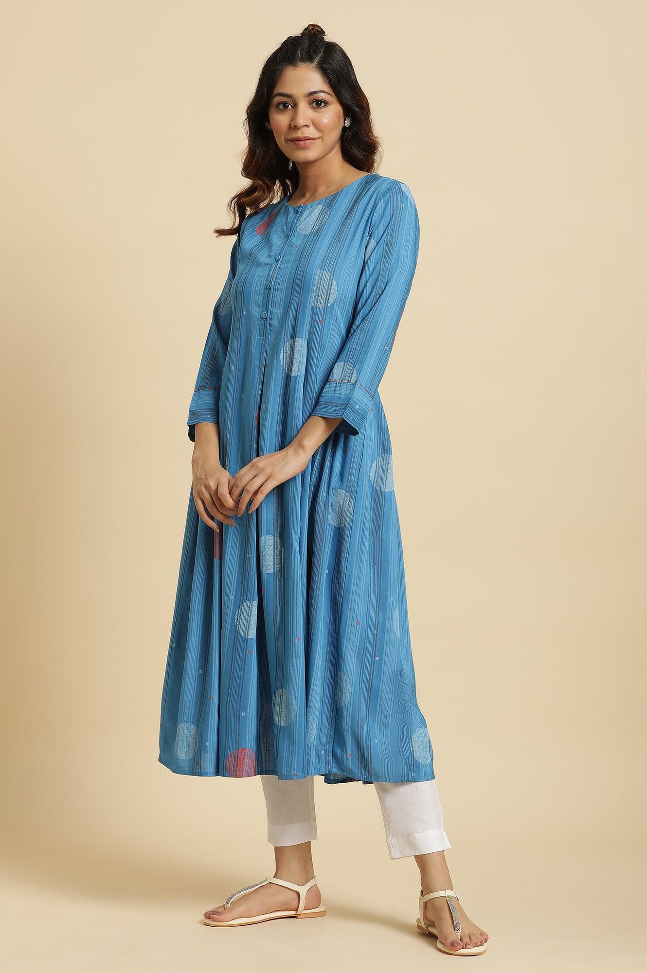 Blue Box Pleats Kurta With Kantha Details - wforwoman
