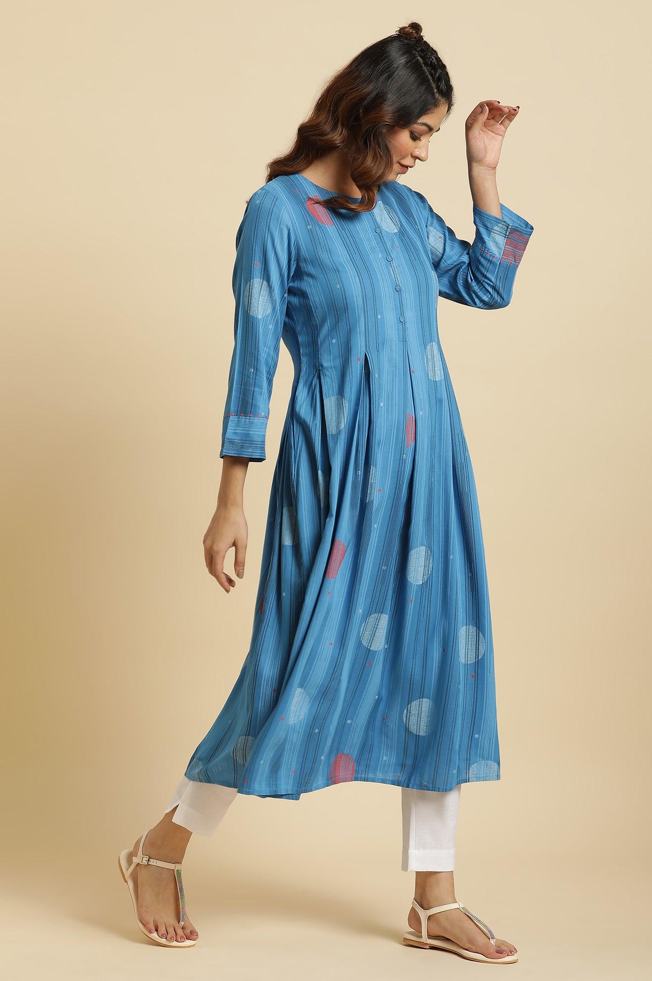Blue Box Pleats Kurta With Kantha Details - wforwoman