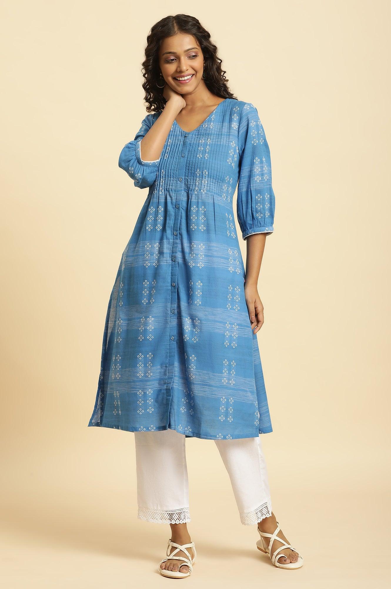 Blue Cotton Dobby A-Line Kurta - wforwoman