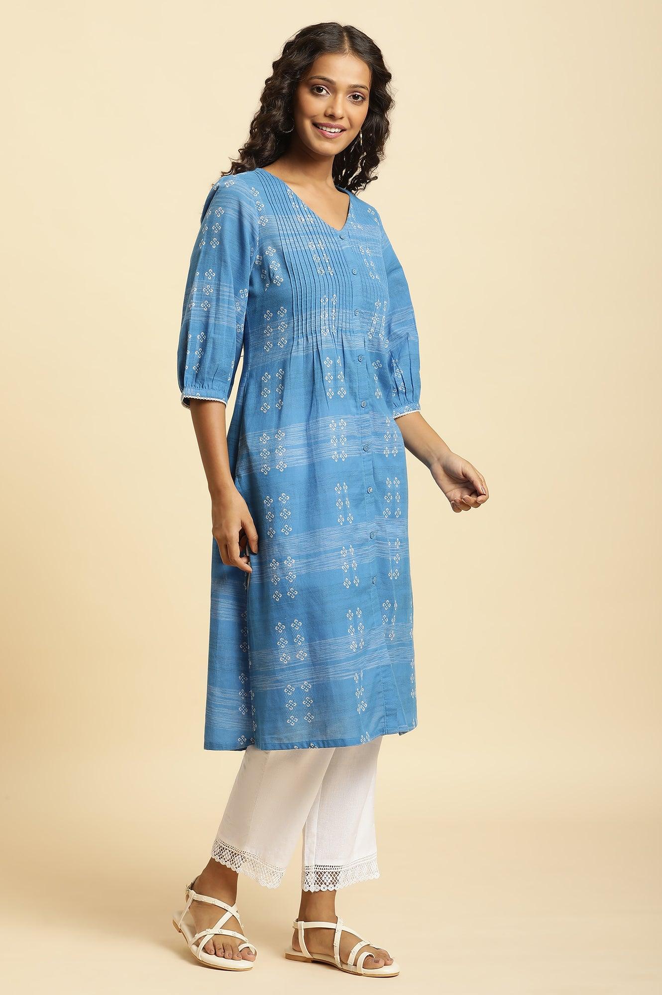Blue Cotton Dobby A-Line Kurta - wforwoman