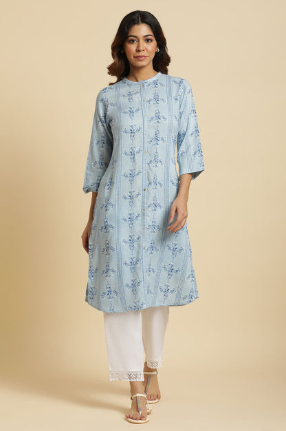 Blue Geometric Straight Woven Kurta