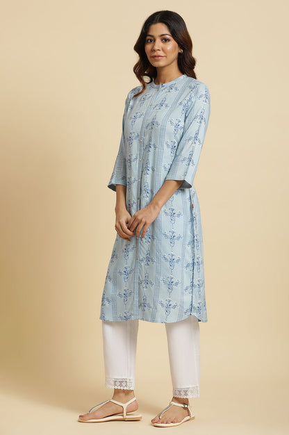 Blue Geometric Straight Woven Kurta