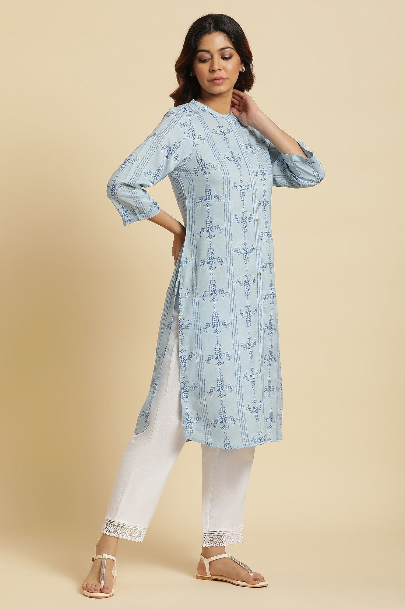 Blue Geometric Straight Woven Kurta