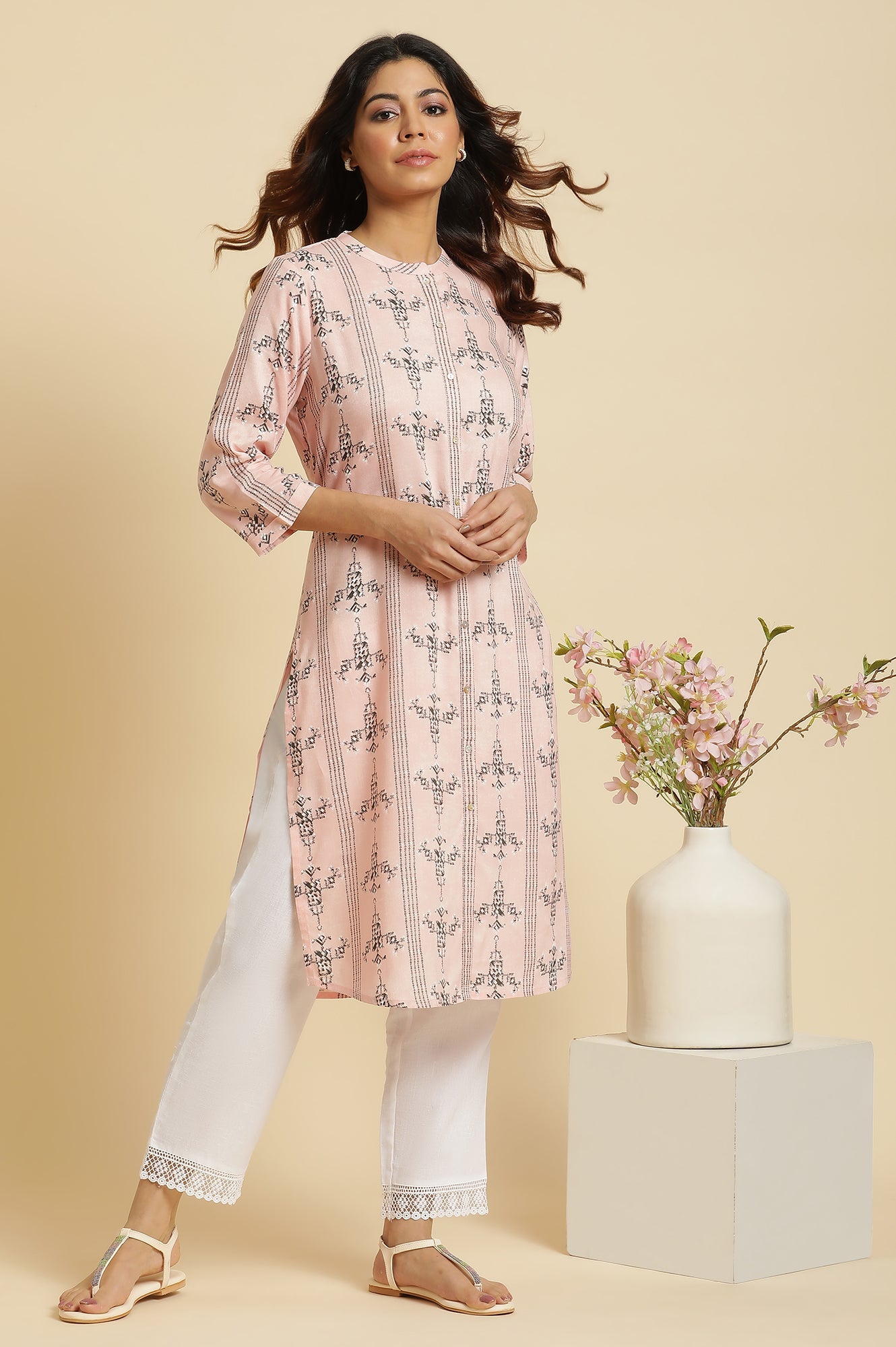 Pink Geometric Straight Rayon Kurta