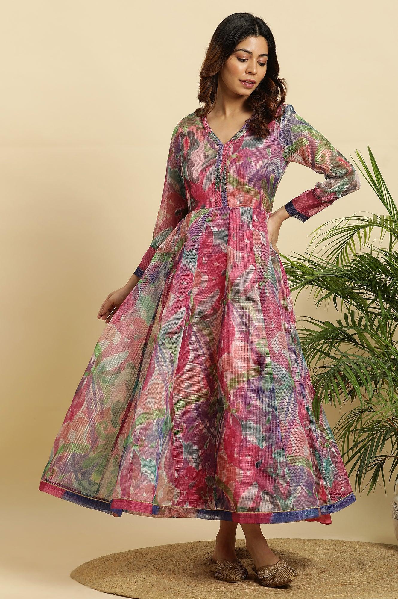 Multi-Coloured Printed Flared Long Kota Kurta - wforwoman