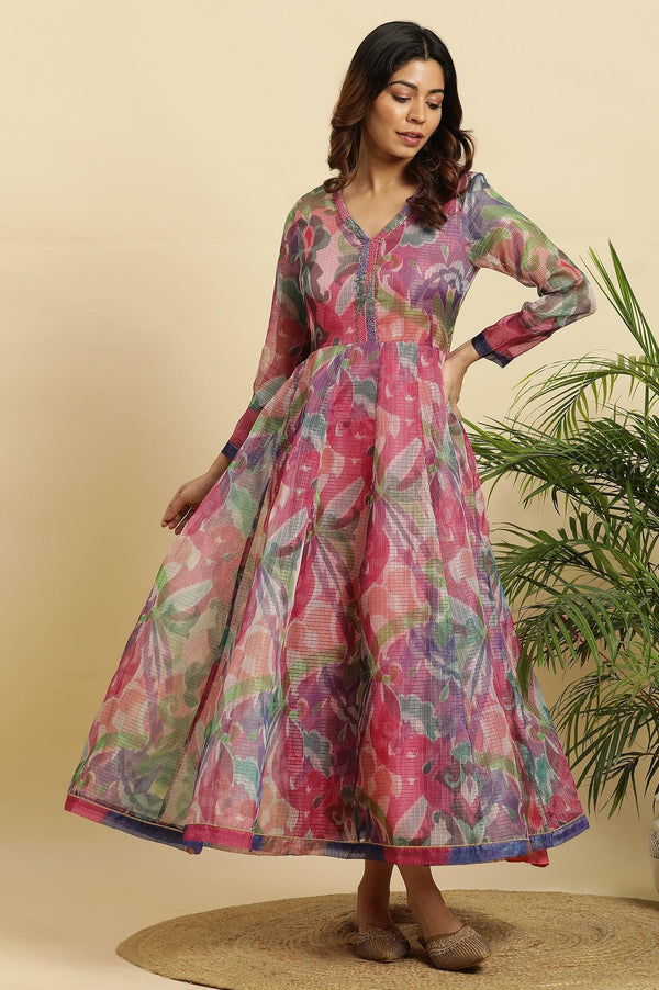 Multi‑Coloured Printed Flared Long Kota Cotton Kurta