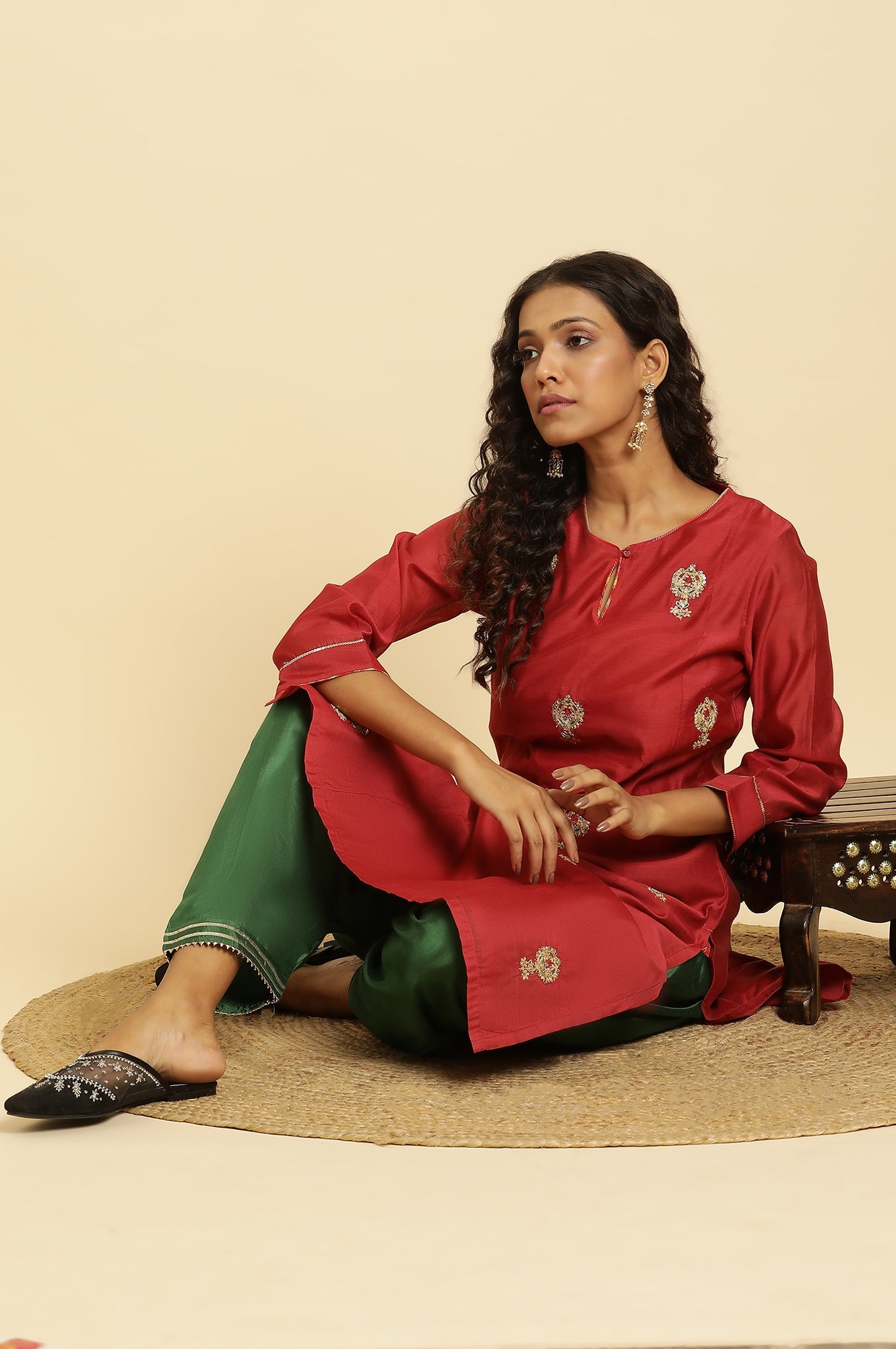 Red Solid Embroidered Dori Straight Chanderi Kurta