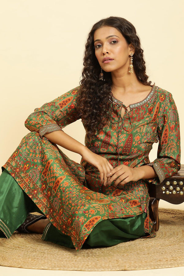 Green Printed Festive Kurta With Embroidery