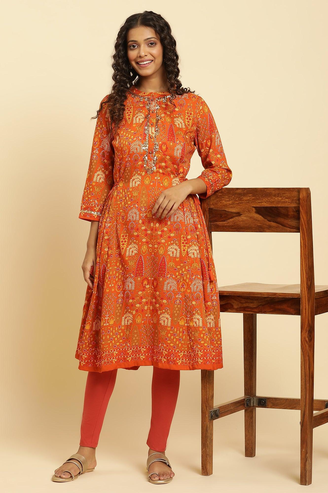Orange Printed Festive A-Line Kurta - wforwoman