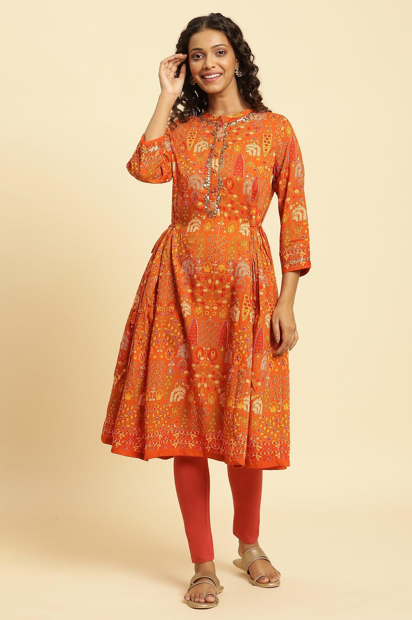 Orange Printed Festive A-Line Kurta - wforwoman