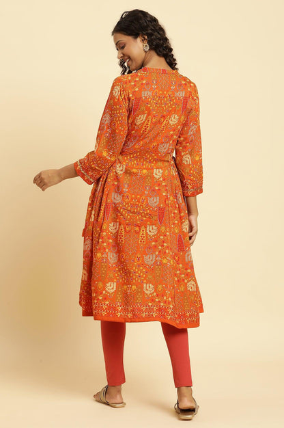 Orange Printed Festive A-Line Kurta - wforwoman