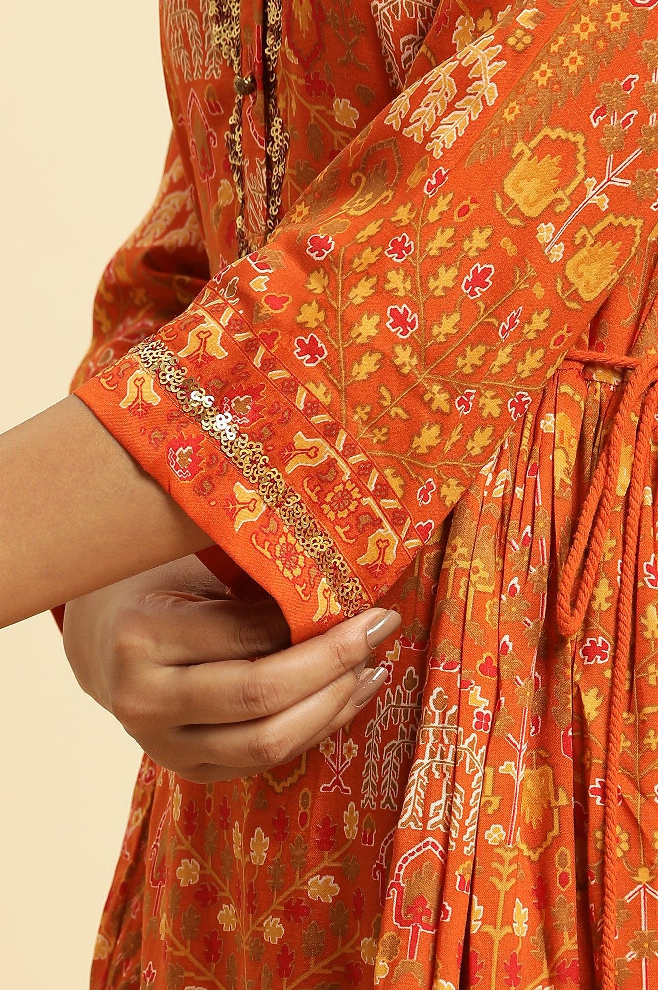 Orange Printed Festive A-Line Kurta - wforwoman