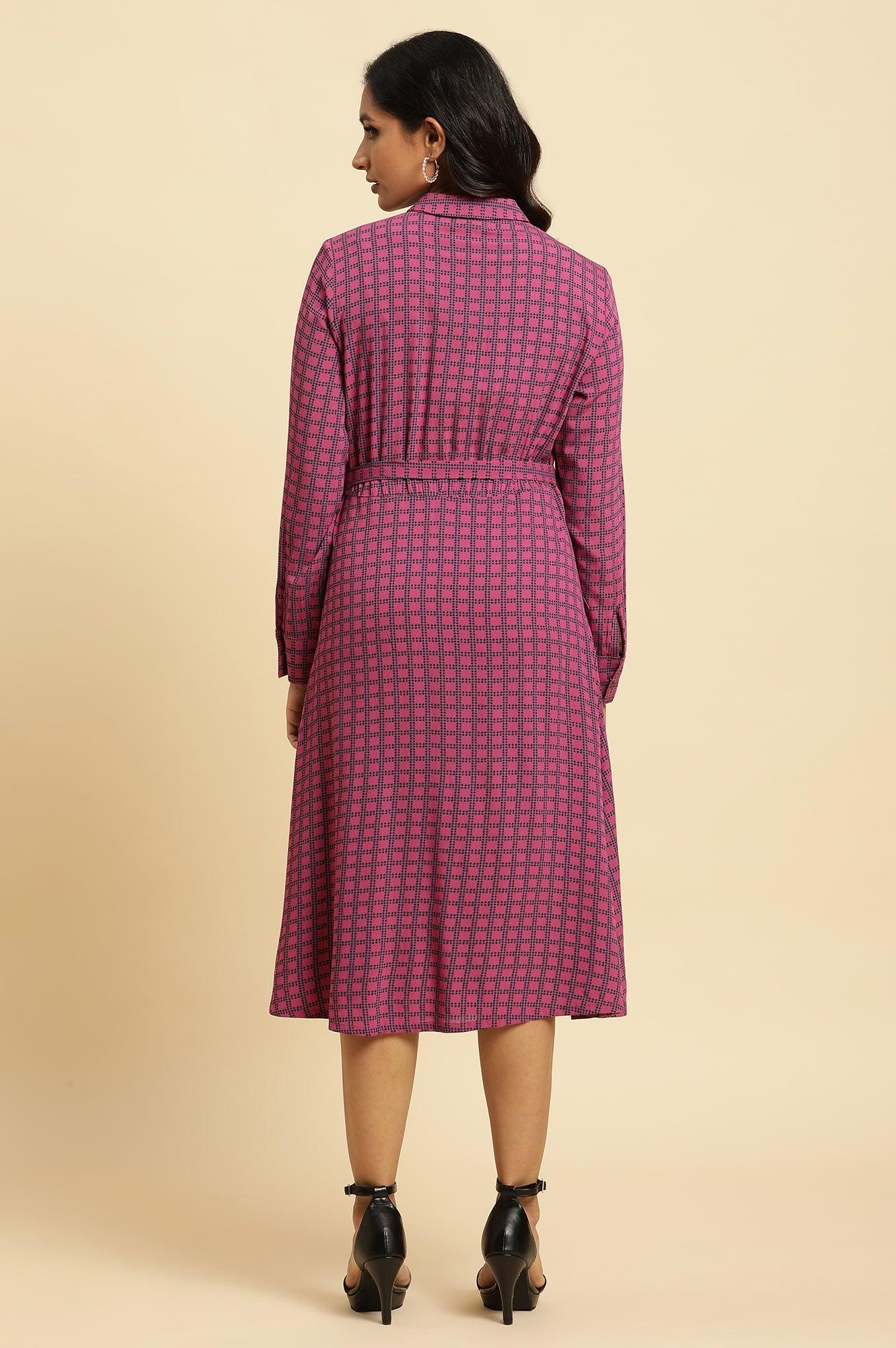 Pink Geometric Printed Mock Wrap Dress - wforwoman