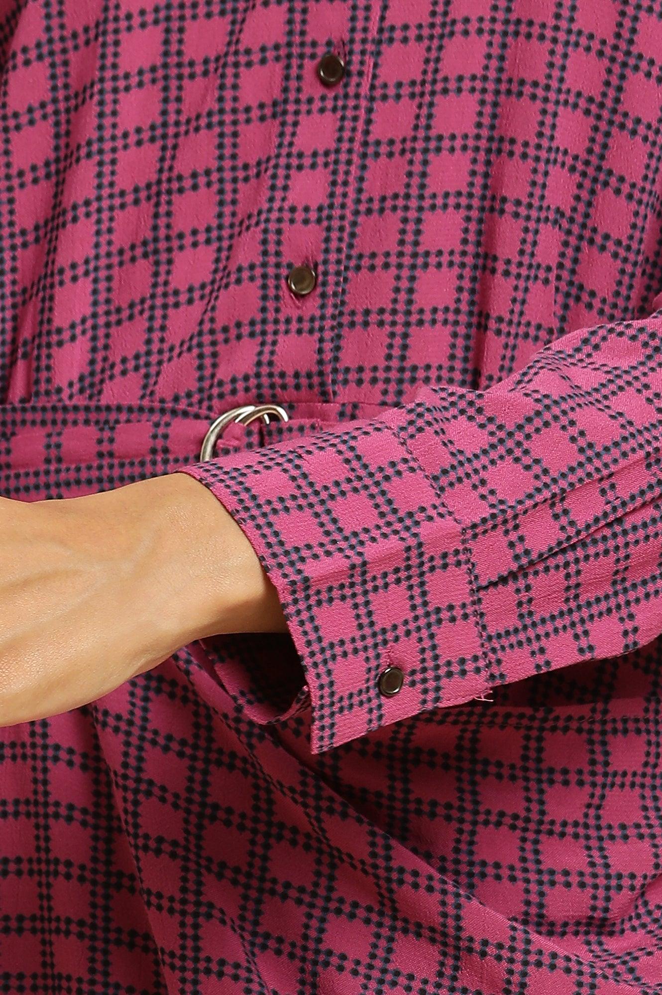 Pink Geometric Printed Mock Wrap Dress - wforwoman