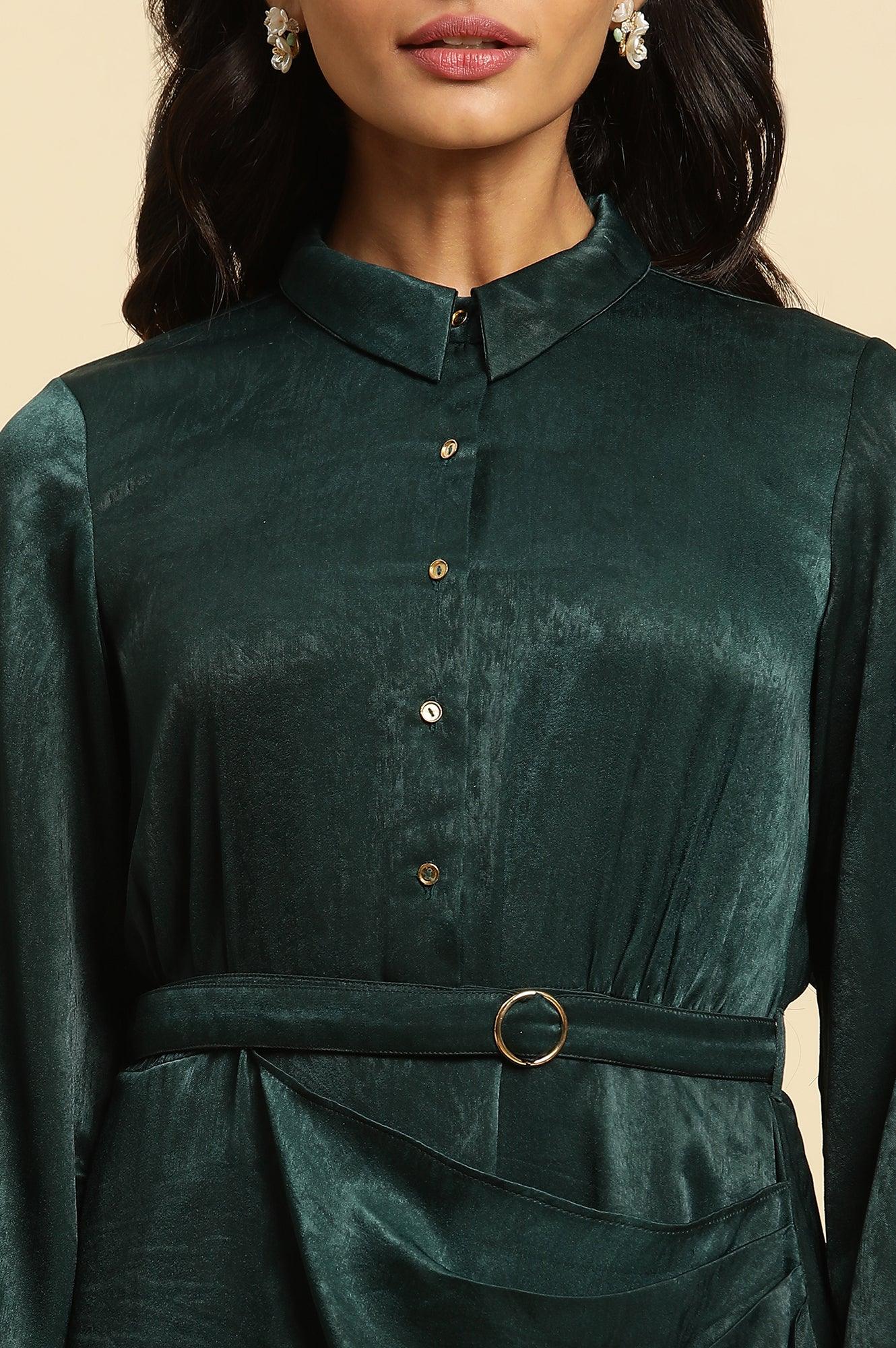 Green Geometric Printed Mock Wrap Dress - wforwoman