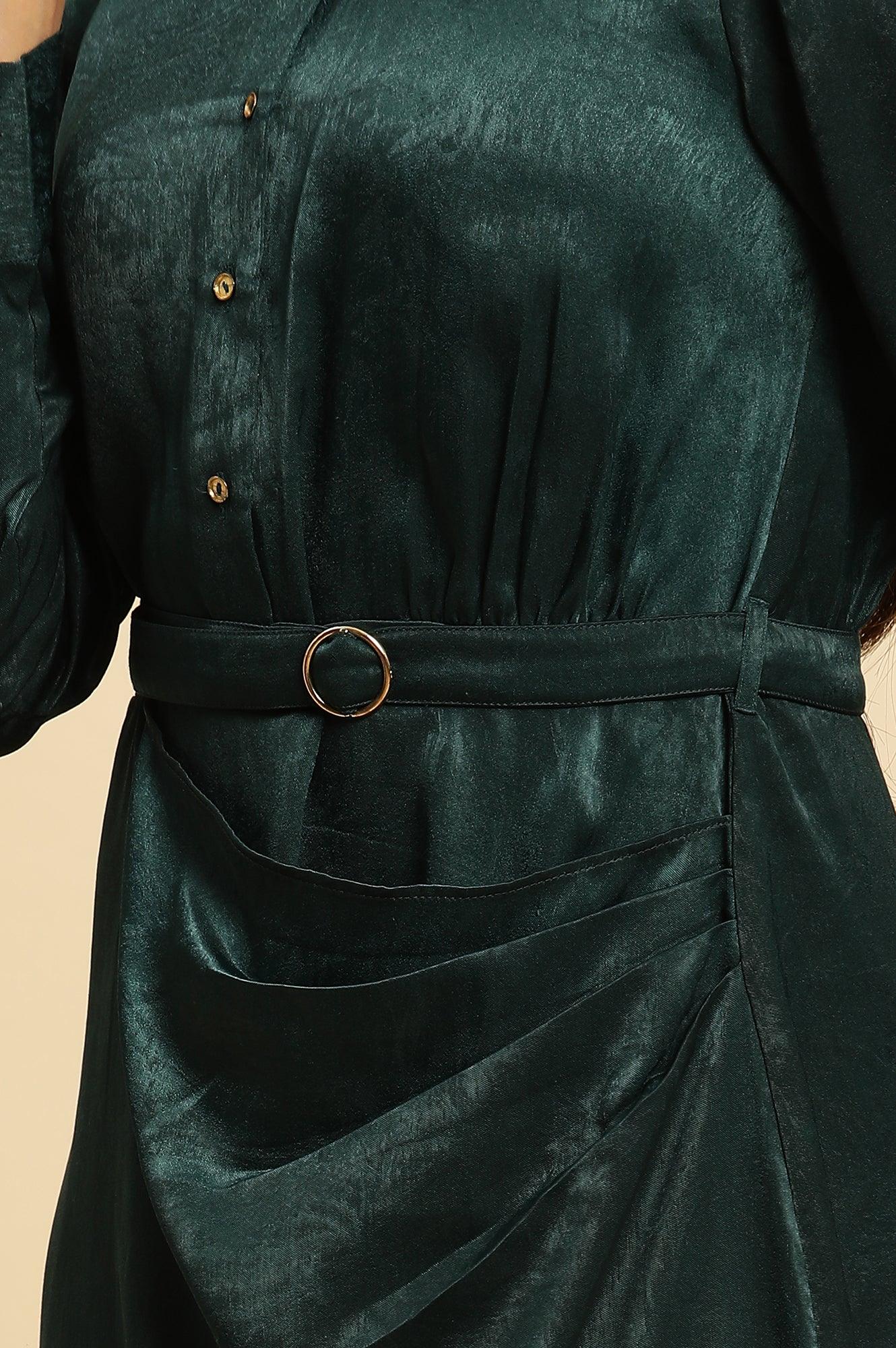 Green Geometric Printed Mock Wrap Dress - wforwoman