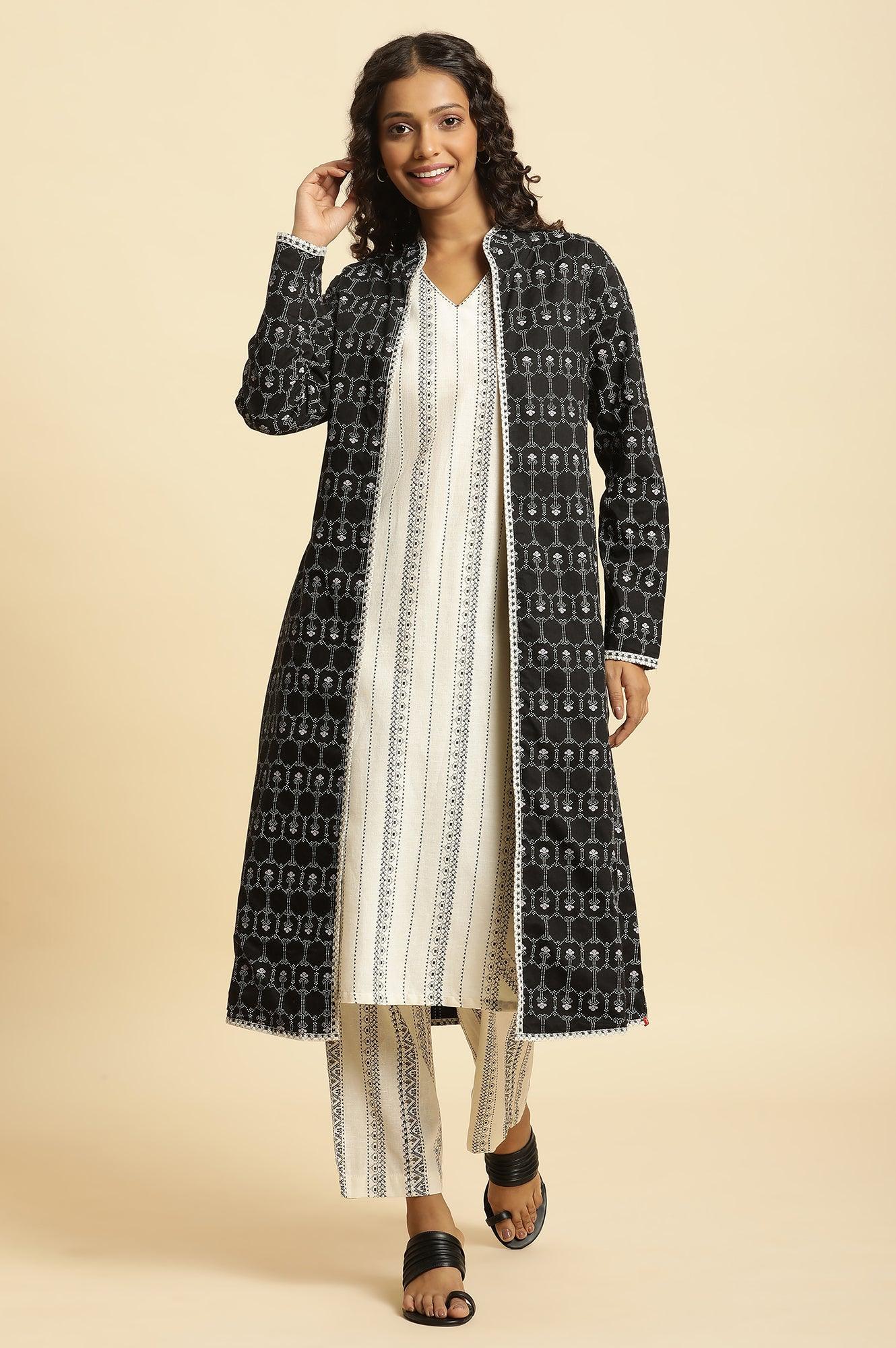 Black Reversible Front Open Jacket In White Print - wforwoman