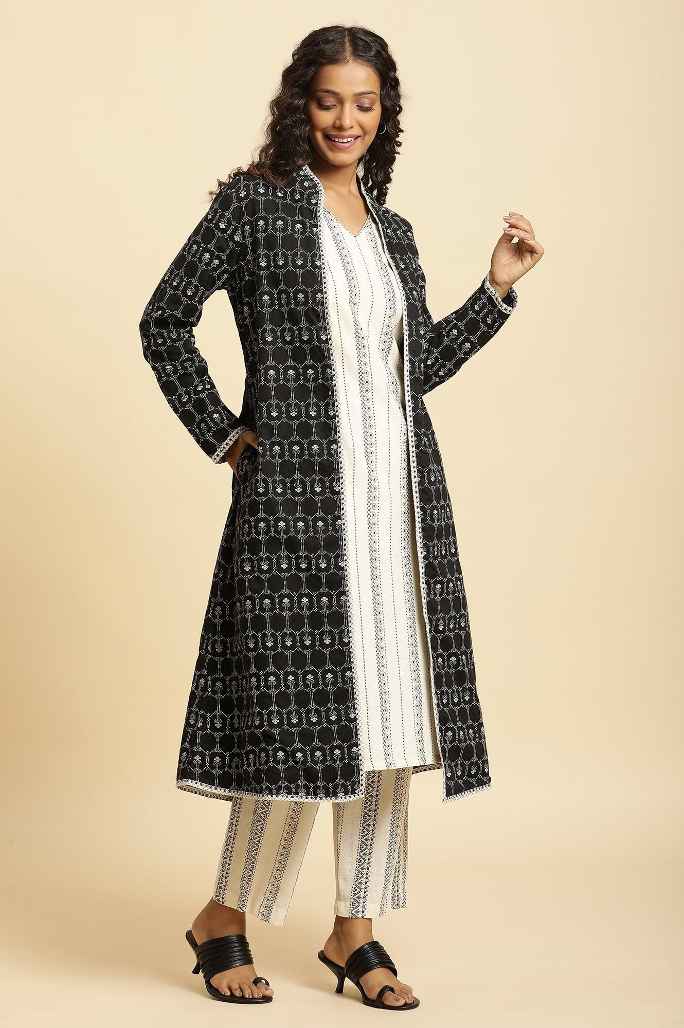Black Reversible Front Open Jacket In White Print - wforwoman