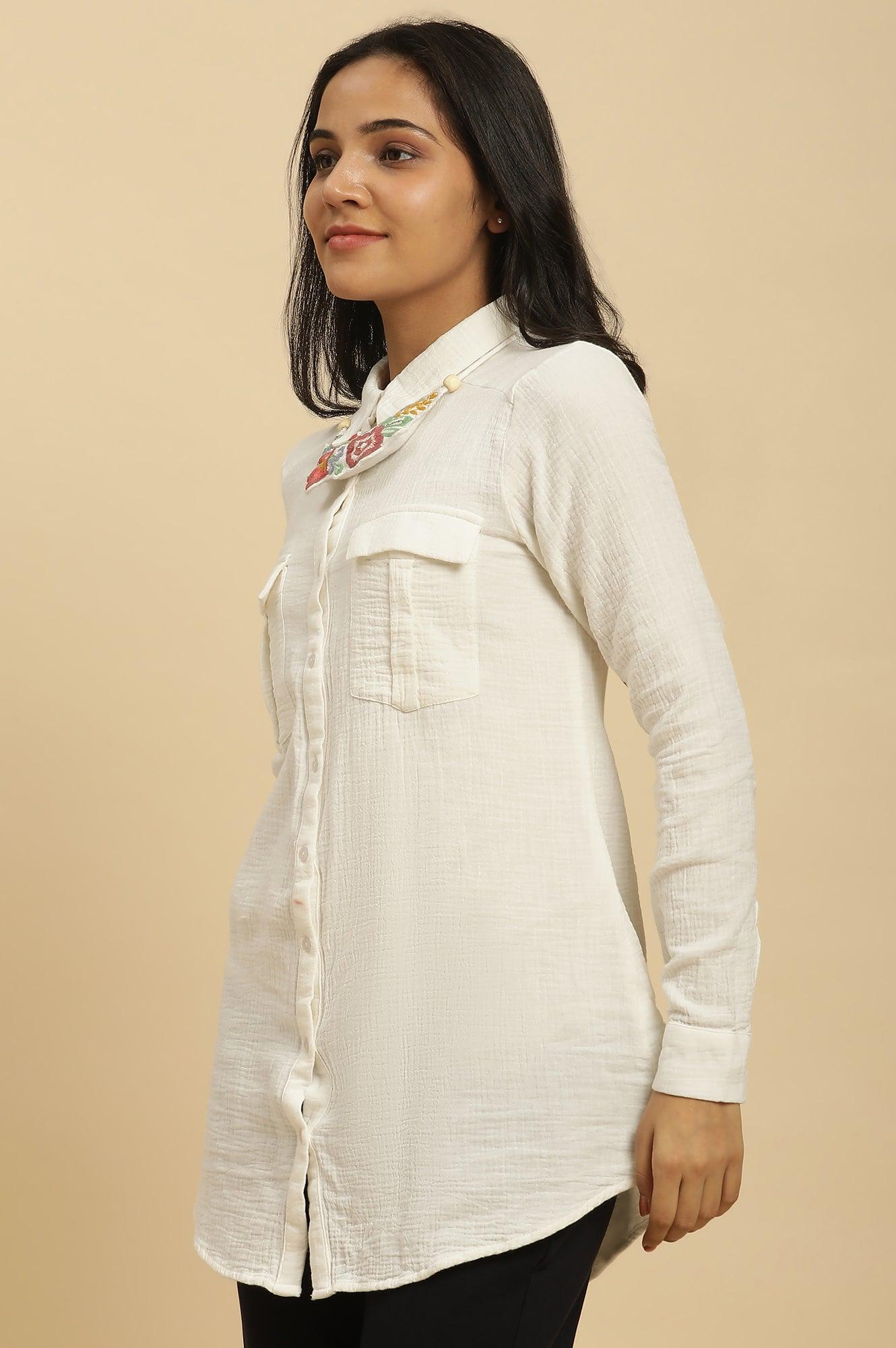 Ecru Button Down Shirt With Embroidered Neck Piece - wforwoman