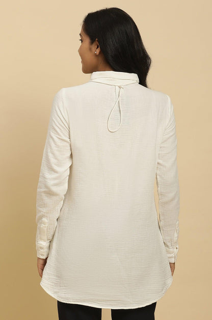 Ecru Button Down Shirt With Embroidered Neck Piece - wforwoman