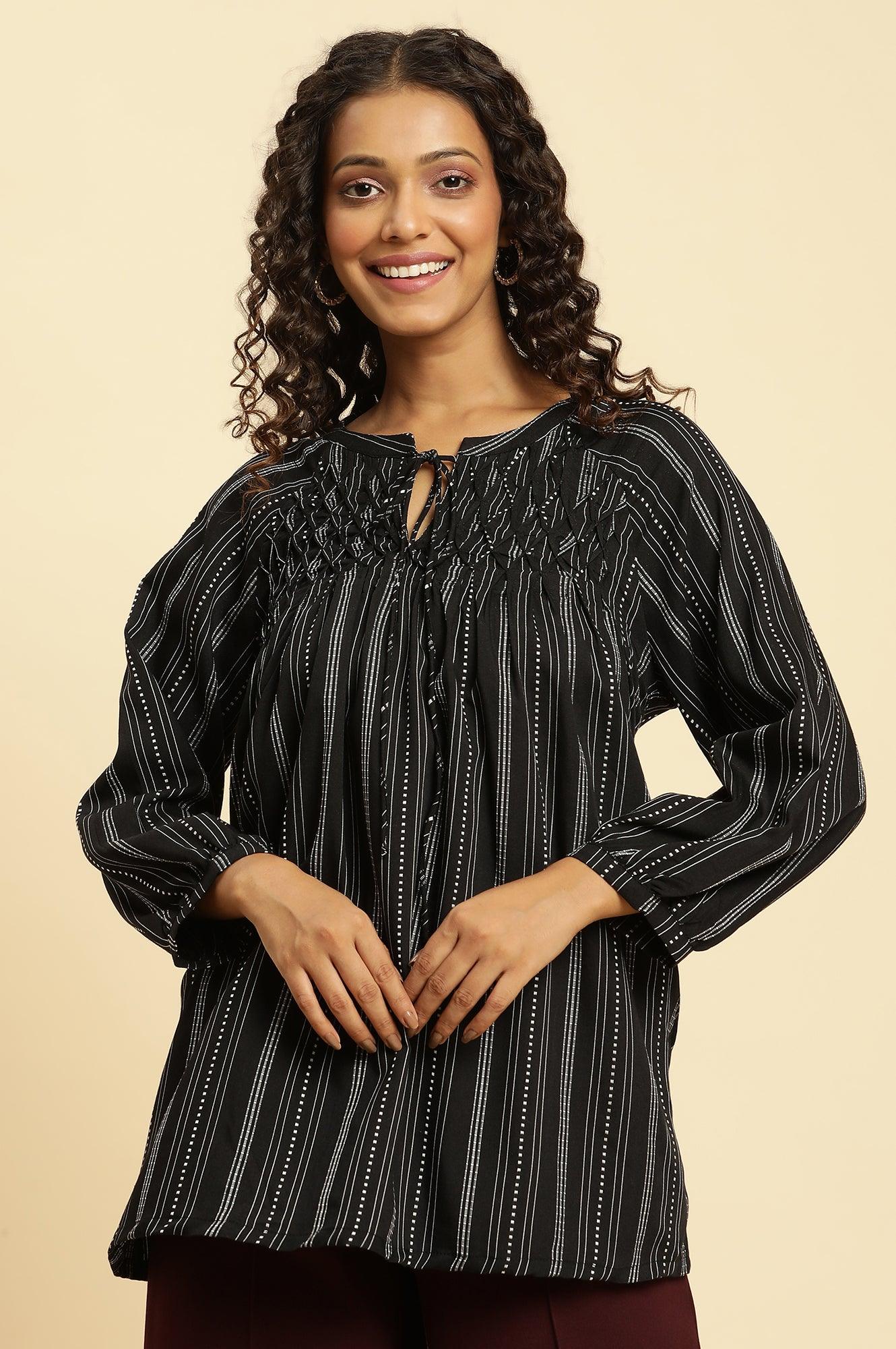 Black Smocked Stripe Western Top - wforwoman