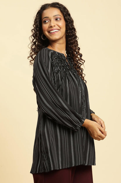 Black Smocked Stripe Western Top - wforwoman