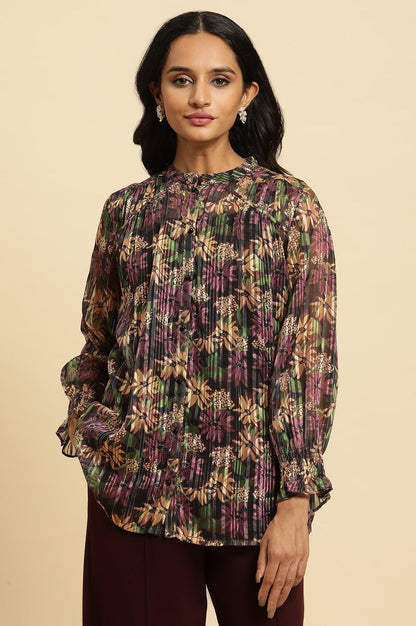Purple Floral Printed Chiffon Lurex Top - wforwoman