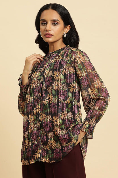 Purple Floral Printed Chiffon Lurex Top - wforwoman