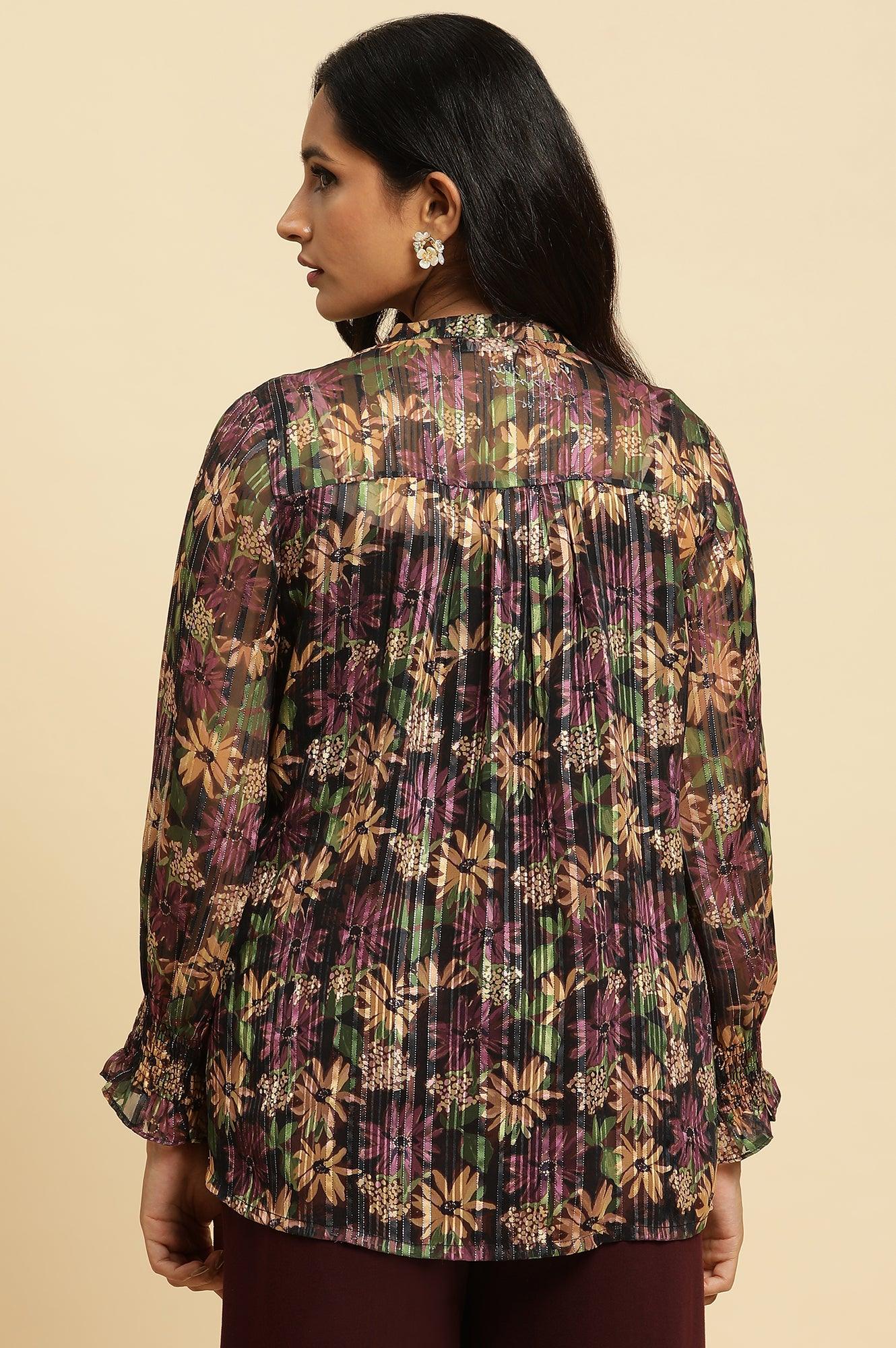 Purple Floral Printed Chiffon Lurex Top - wforwoman