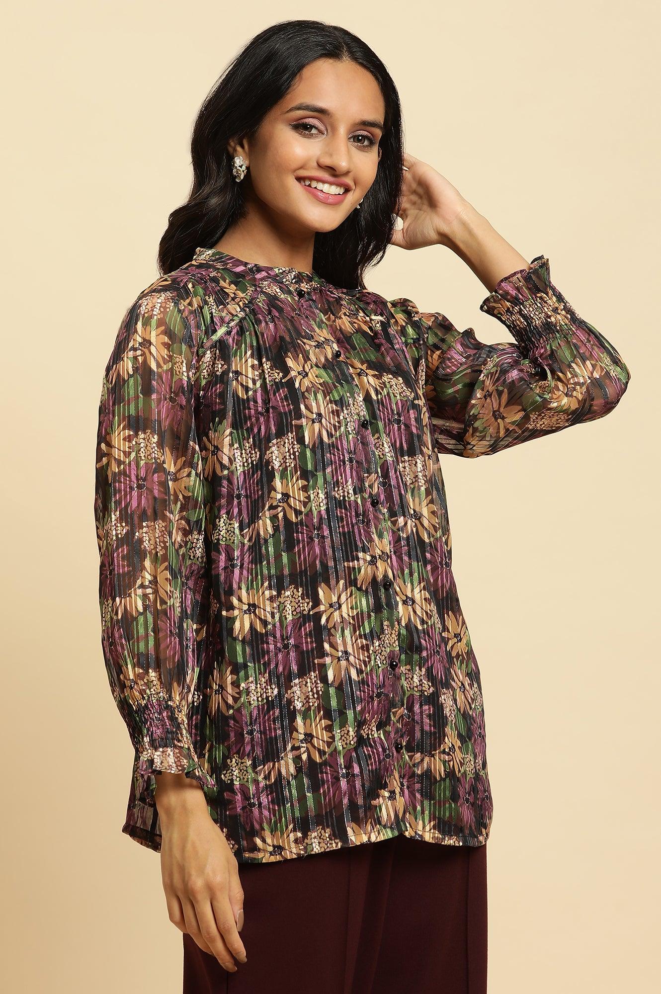 Purple Floral Printed Chiffon Lurex Top - wforwoman